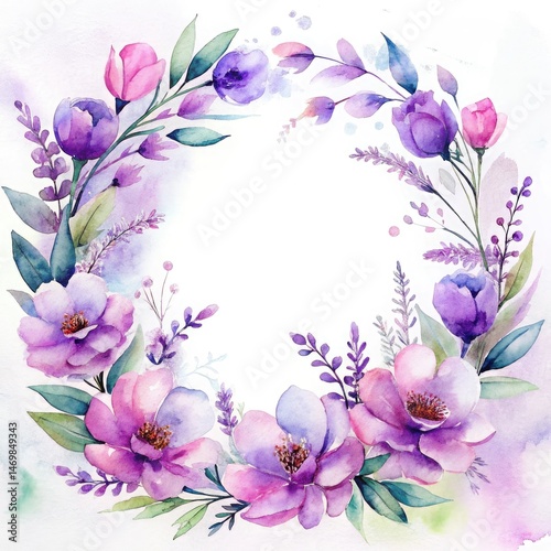 Watercolor Floral Wreath with Soft Purple and Pink Flowers in a Delicate Botanical Composition