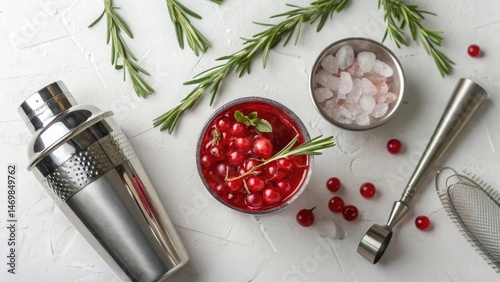 Cocktail Crafting Essentials: Stainless Steel Shaker, Fresh Berries, and Rosemary Garnish