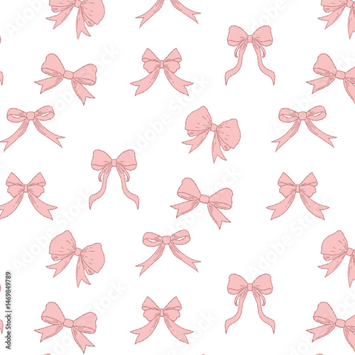 Elegant seamless pattern with hand-drawn pink bows on a white background. Perfect for textile, packaging, wallpaper, wrapping paper, and feminine design projects.