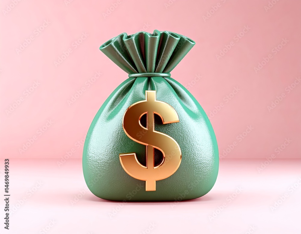 A green money bag with a large gold dollar sign sits on a pink background, symbolizing wealth and financial success.