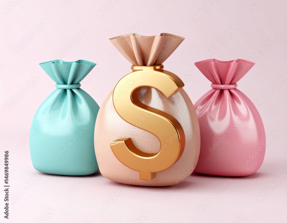 Three colorful money bags, one with a large gold dollar sign, symbolize wealth and financial success on a pastel background.