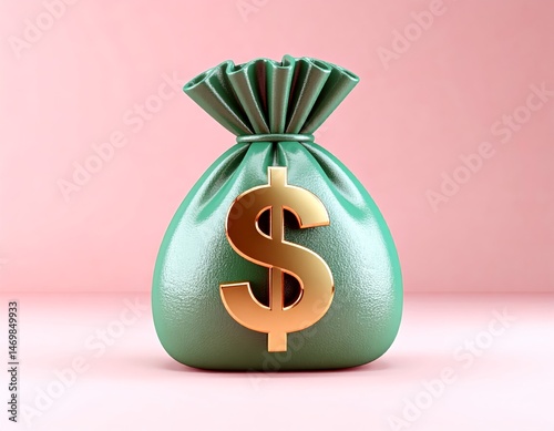 Obraz na płótnie A green money bag with a large gold dollar sign sits on a pink background, symbolizing wealth and financial success. w salonie