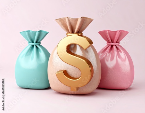 Obraz na płótnie Three colorful money bags, one with a large gold dollar sign, symbolize wealth and financial success on a pastel background. w salonie