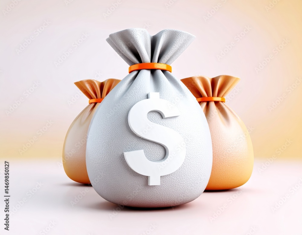 Three money bags, one with a dollar sign, symbolize wealth, savings, and financial success against a light background.