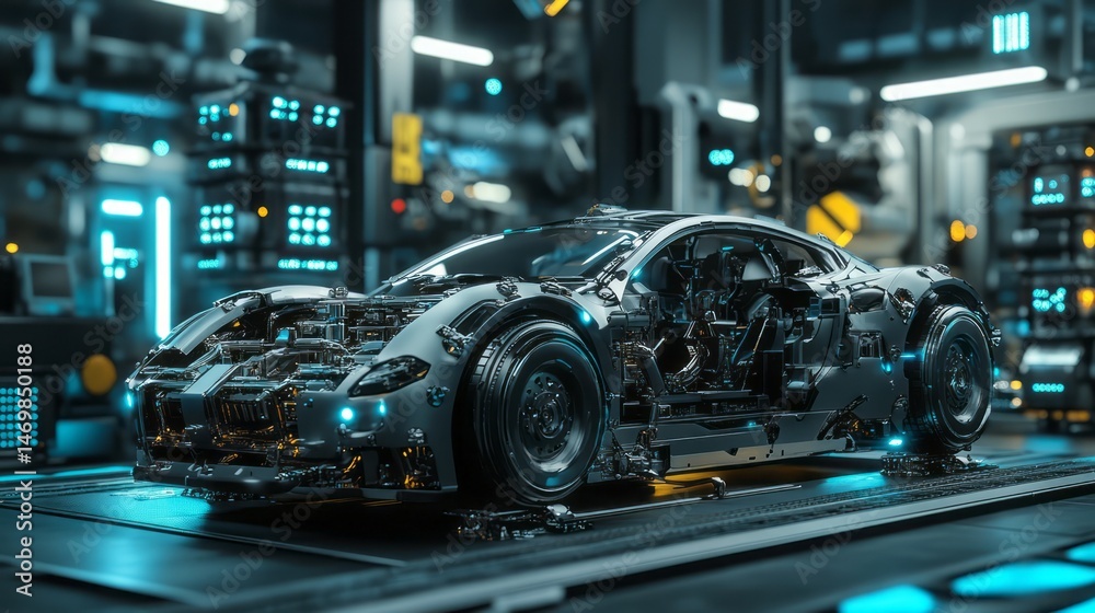 Futuristic vehicle undergoing maintenance in a high-tech workshop. Futuristic vehicle undergoing maintenance in a high-tech workshop.