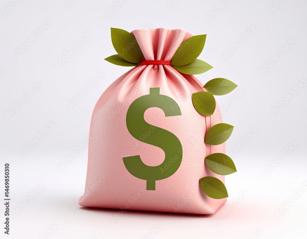 A pink money bag with a green dollar sign and leaves, representing eco-friendly or sustainable finance.