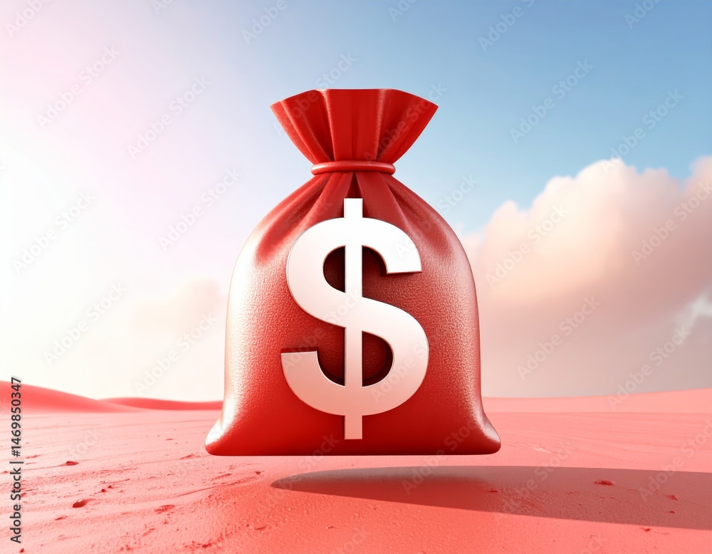 A red money bag with a large white dollar sign sits on a pink sandy surface under a blue sky with clouds.