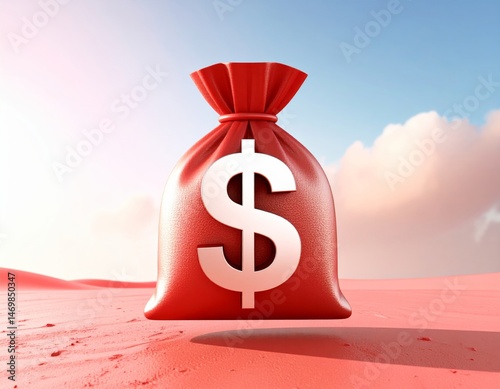 Obraz na płótnie A red money bag with a large white dollar sign sits on a pink sandy surface under a blue sky with clouds. w salonie