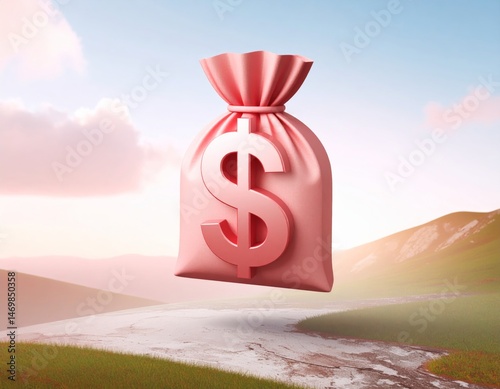 Obraz na płótnie A pink money bag with a dollar sign floats above a winding road in a scenic outdoor landscape. w salonie