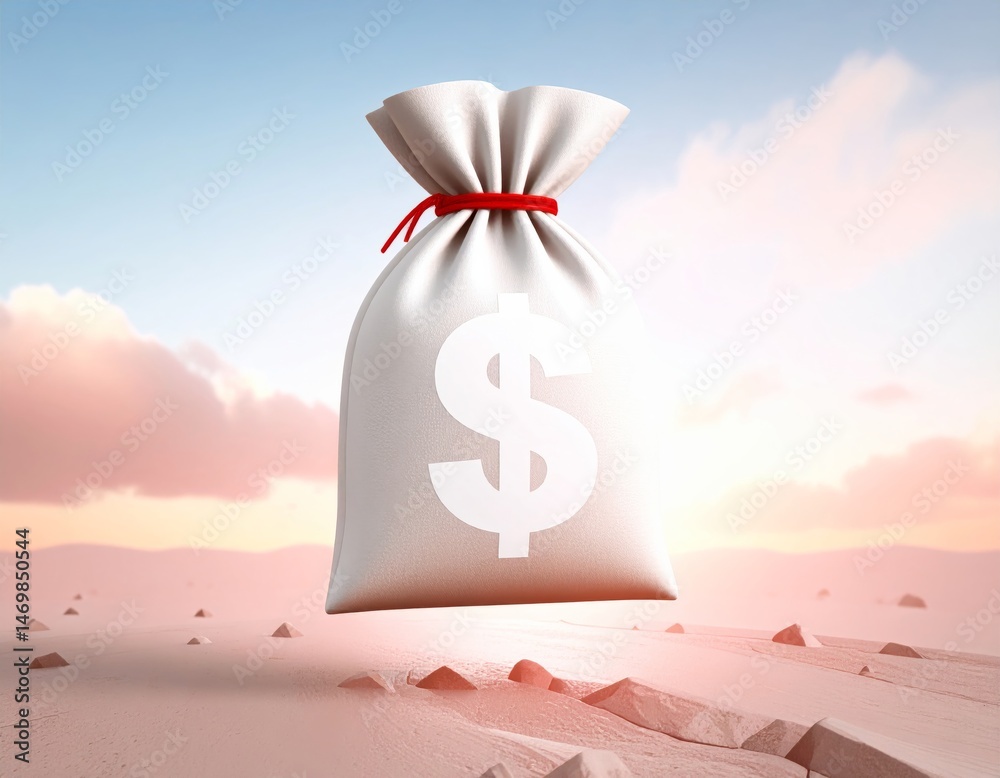 A white money bag with a dollar sign floats above a rocky landscape under a pastel sky.