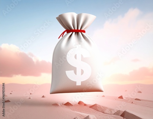 Obraz na płótnie A white money bag with a dollar sign floats above a rocky landscape under a pastel sky. w salonie