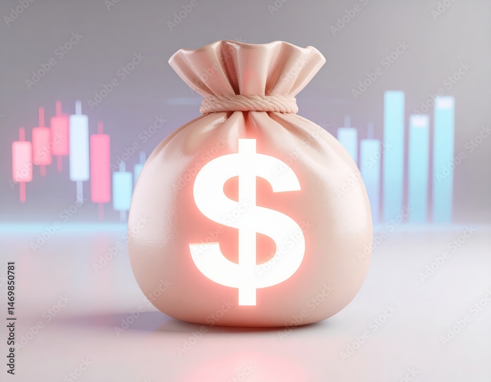 A glowing money bag with a dollar sign sits in front of colorful financial charts and candlestick graphs.