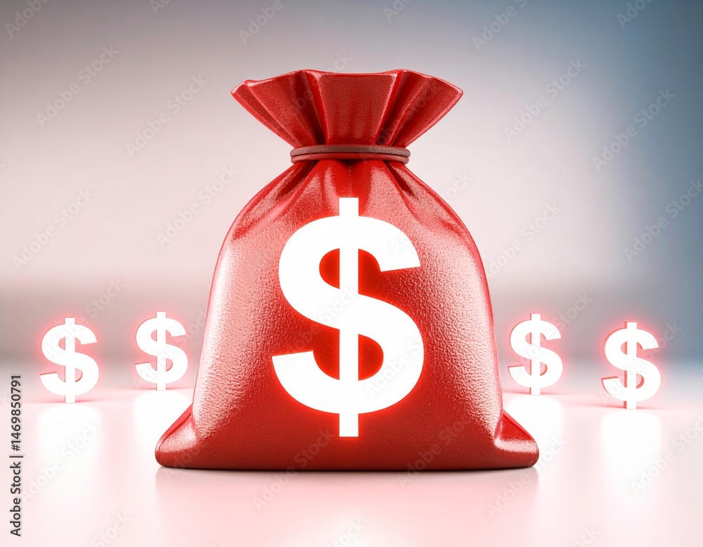 A red money bag with a white dollar sign, surrounded by illuminated dollar symbols, symbolizes wealth and financial success.