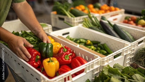 Fresh Produce Sorting: Colorful Bell Peppers and Vegetables in Storage Crates