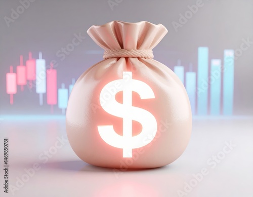 Obraz na płótnie A glowing money bag with a dollar sign sits in front of colorful financial charts and candlestick graphs. w salonie