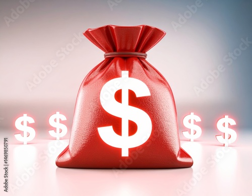 Obraz na płótnie A red money bag with a white dollar sign, surrounded by illuminated dollar symbols, symbolizes wealth and financial success. w salonie