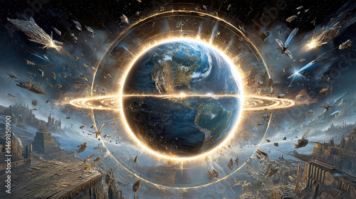 Fototapeta Naklejka Na Ścianę i Meble -  Earth Under Siege Sci Fi Spaceship Battle Golden Ring Planet Destruction