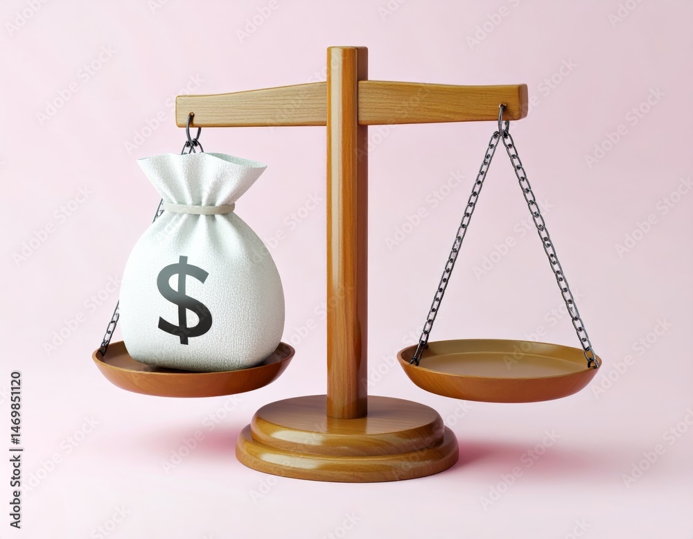 A wooden balance scale with a money bag outweighing the empty side, symbolizing financial imbalance on a pink background.
