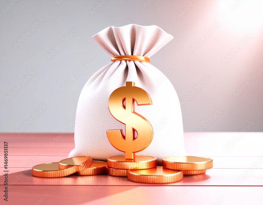 A white money bag with a gold dollar sign sits among stacked gold coins on a pink wooden surface, symbolizing wealth and savings.