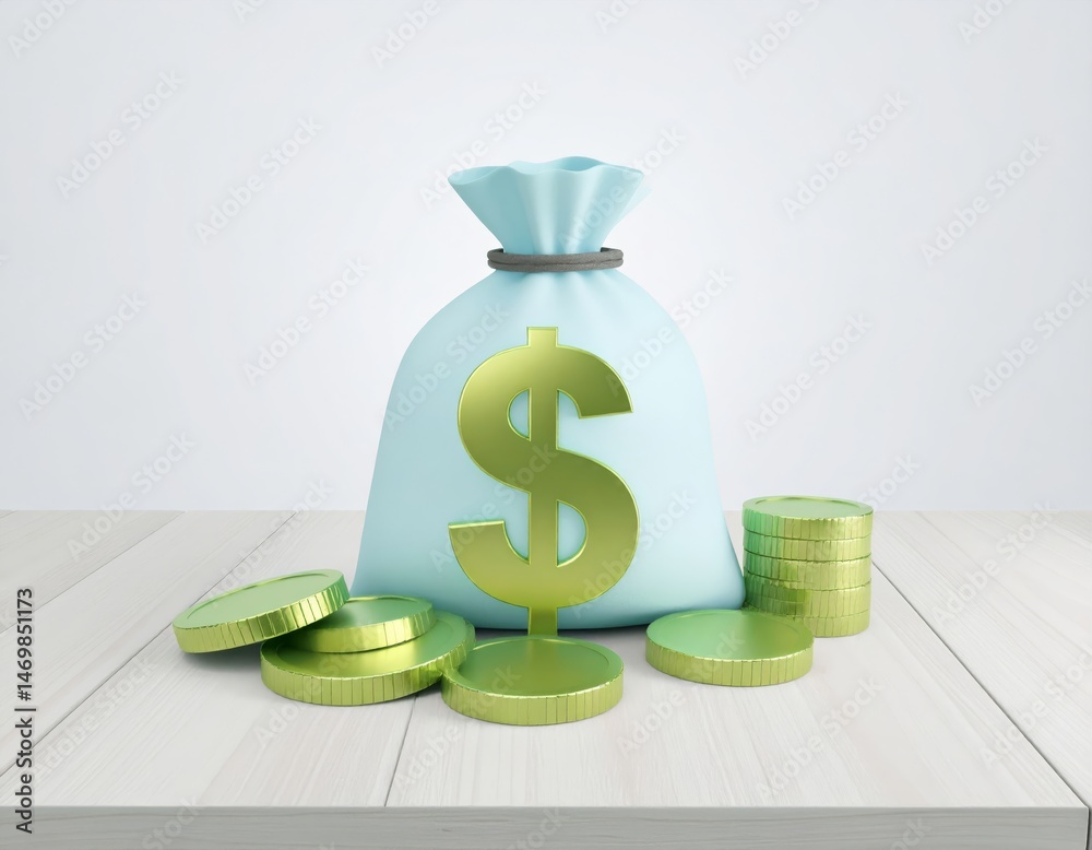 A bag with a dollar sign and stacks of gold coins symbolize wealth, savings, and financial success on a wooden surface.