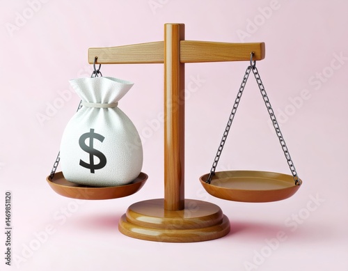 Obraz na płótnie A wooden balance scale with a money bag outweighing the empty side, symbolizing financial imbalance on a pink background. w salonie