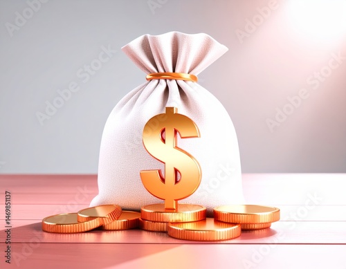 Obraz na płótnie A white money bag with a gold dollar sign sits among stacked gold coins on a pink wooden surface, symbolizing wealth and savings. w salonie