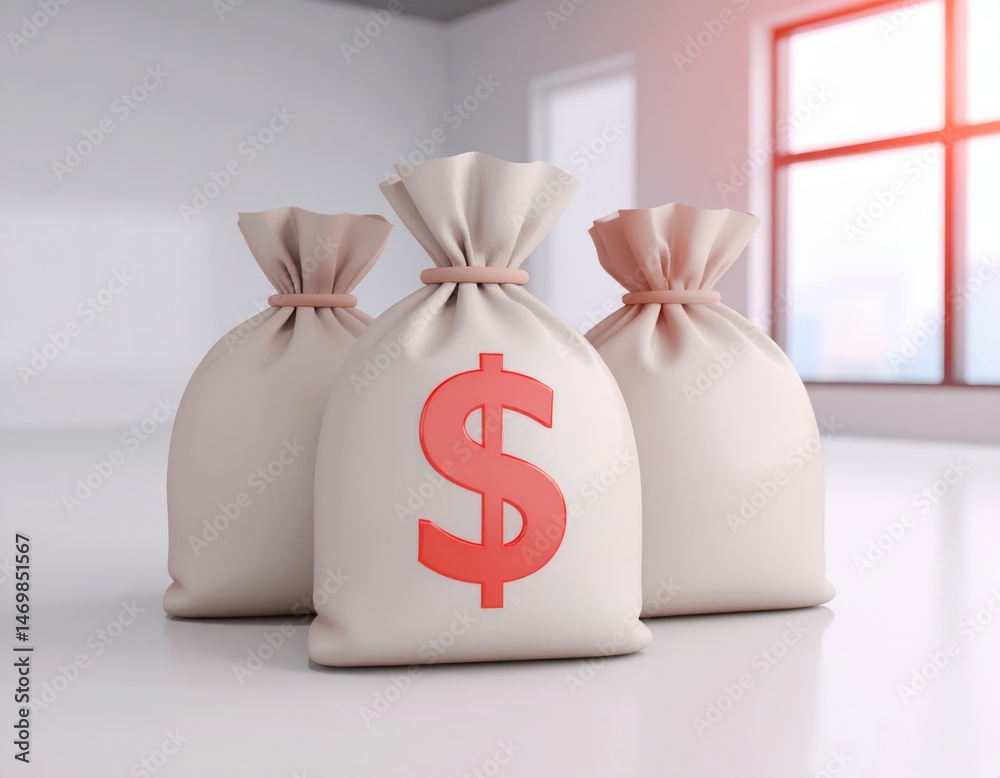 Three money bags with dollar signs sit on a bright, modern surface near large windows.