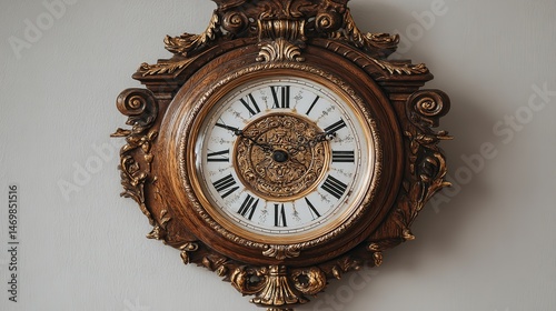 Vintage wooden wall clock with ornate carvings and blank face, front view on white background
