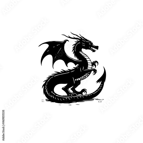 Monochrome Dragon Silhouette Illustration Exhibiting Mythical and Regal Qualities