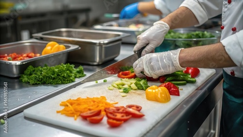 Professional Kitchen Scene with Chef Preparing Fresh Vegetables