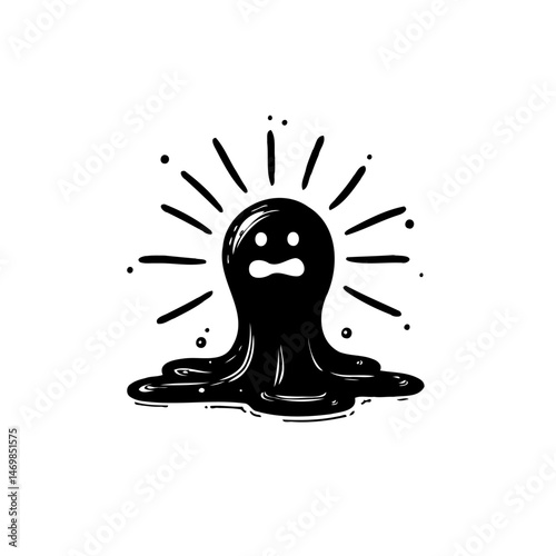 Monochromatic depiction of a spectral figure oozing across a stark background