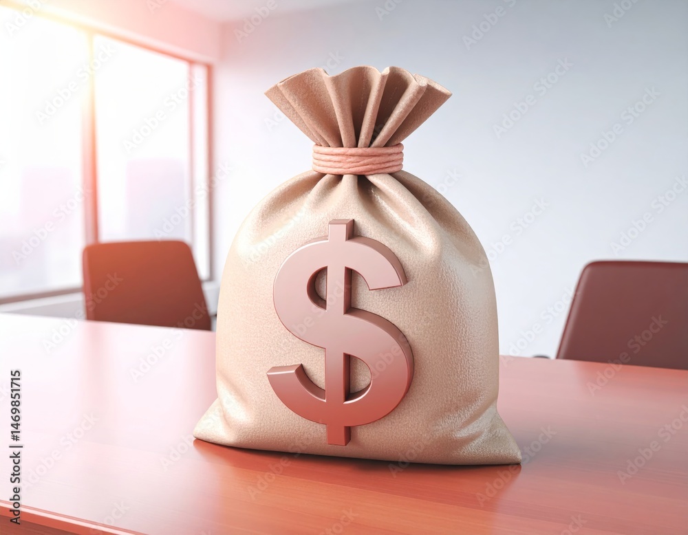 A money bag with a dollar sign sits on a conference table in a modern office setting.