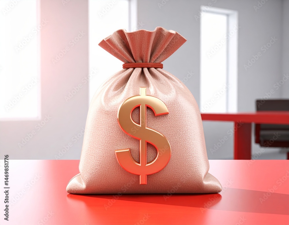 A beige sack with a gold dollar sign sits on a red table in a modern office setting.