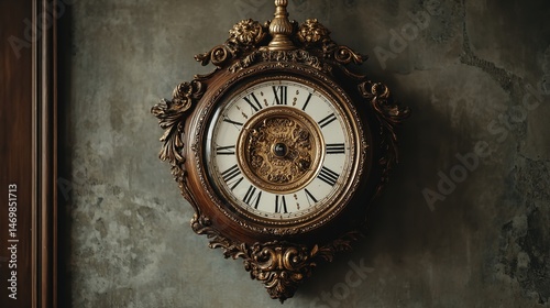 Vintage wooden wall clock with ornate carvings and blank face, front view on white background