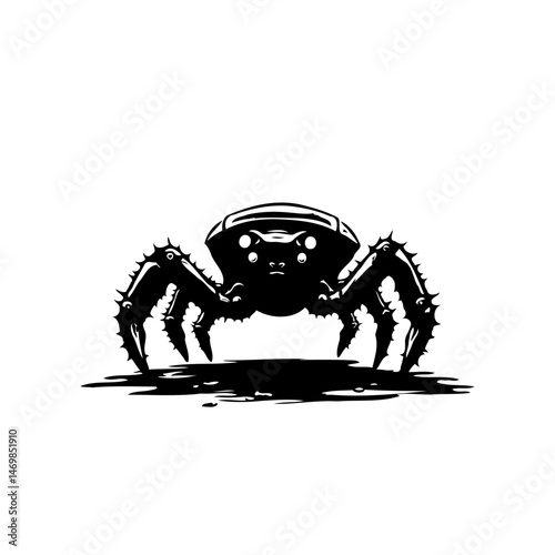Stylized black and white illustration depicting a formidable spiky arachnid
