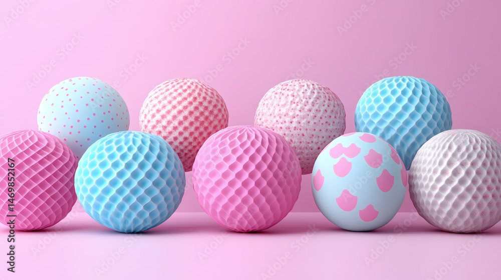 Obraz premium Colorful pastel spheres in array with intricate patterns on pink backdrop