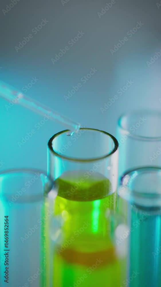 In a modern lab, a research expert in nitrile gloves adds a drop of liquid to a test tube, surrounded by colorful solutions, showcasing precision and caution in their work In a modern lab, a research expert in nitrile gloves adds a drop of liquid to a test tube, surrounded by colorful solutions, showcasing precision and caution in their work