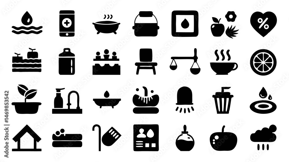 Vector glyph icon set themed around spa and bath elements, ideal for wellness branding, luxury product packaging, and relaxing visual content in modern design Vector glyph icon set themed around spa and bath elements, ideal for wellness branding, luxury product packaging, and relaxing visual content in modern design