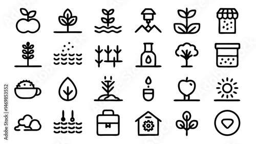 Line icons themed around soil regeneration and eco-friendly agriculture practices, ideal for vector-based educational tools, farm content, and sustainability design