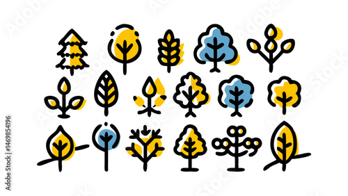 Beautifully designed tree line icons featuring intricate roots and branches, suitable for environmental presentations, apps, and green initiative visual materials