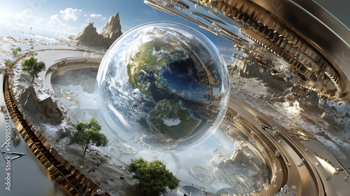 Surreal Clockwork Landscape Featuring a Glass Earth Globe A Futuristic and Dreamlike Scene