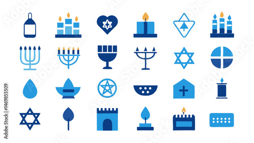 Celebrate the spirit of Hanukkah with this vibrant vector illustration icon set showcasing traditional symbols and elements perfect for festive and creative projects