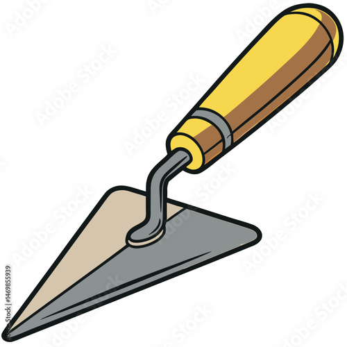 Illustration of a triangular trowel with a yellow and brown handle on a white background