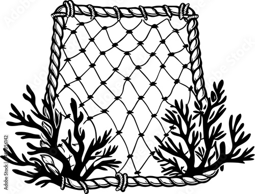 SVG vector of coral reef restoration showing marine life. Detailed Black and White Fishing Net with Seaweeds Illustration