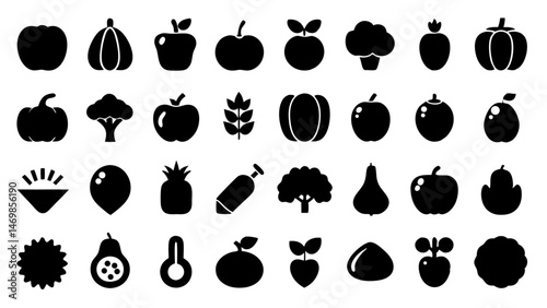 A detailed vector icon set featuring a variety of vegetable glyphs such as tomatoes designed in a clean minimalist style ideal for healthy food themed content
