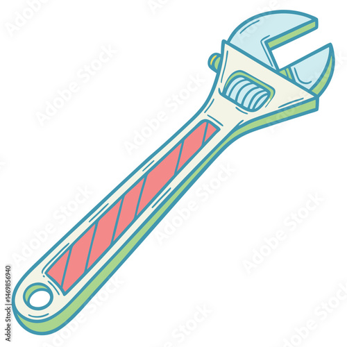 Illustration of an adjustable wrench with red and white handle on white background