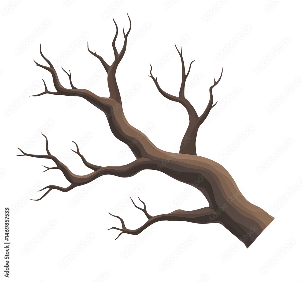 Fototapeta premium Detailed illustration of bare branch with intricate twigs and curves, showcasing its,cut out