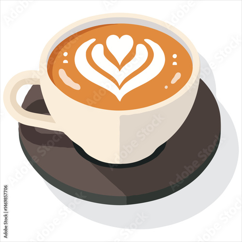 Cappuccino Cup Vector Illustration Featuring Latte Art Heart Shape On White Background
