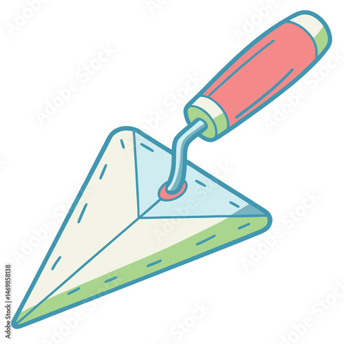 Illustration of a triangular trowel with a yellow and brown handle on a white background