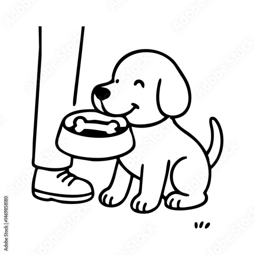 A dog carrying a food bowl to its human